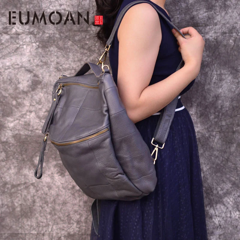 

EUMOAN Brand original genuine leather backpack female travel backpack large patchwork bucket bag cowhide leather shoulder bag