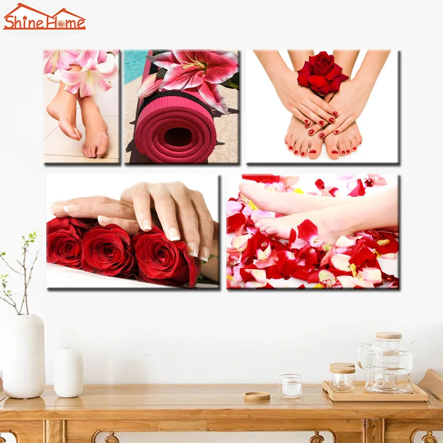 Kopen ShineHome 5pcs Canvas Prints Modulaire Schilderen op Wall Yoga Spa Behandeling Nail Body Salon Massage voor Handen Feets Kunstwerk Foto