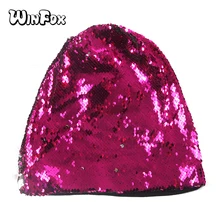 Winfox Демисезонный шапочки Для женщин хип-хоп блесток капот шляпа женский сверкающих Skullies шапочка модные однотонные тюрбан Кепки дамы