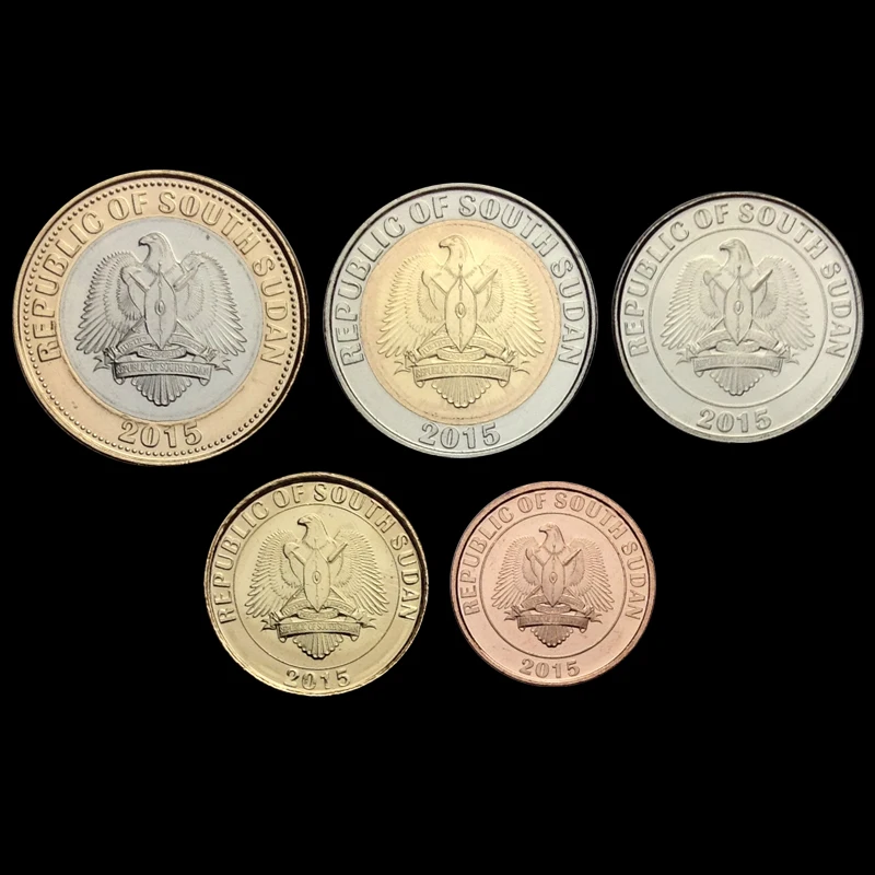 N2] South Sudan Set 5 Coins, 10 20 50 Piasters 1 2 Pounds, Africa UNC Uncirculated, Collection, Gift, Original Real Genuine Coin