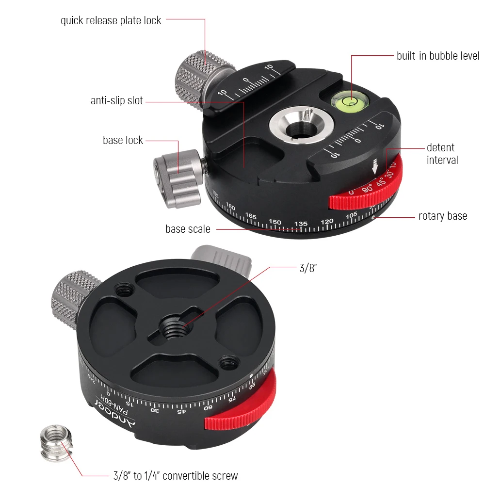 Aluminum Alloy Panoramic Ball Head Tripod Head with Indexing Rotator AS Type Clamp