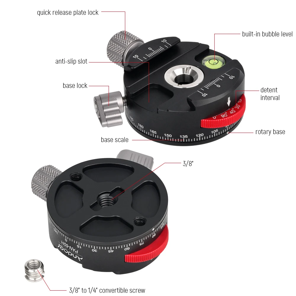 Andoer PAN-60H панорамная шаровая Головка штатива из алюминиевого сплава с индексационным вращателем, как зажим типа