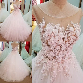 

Pink Vestido De Noiva 2019 Muslim Wedding Dresses Ball Gown Tulle Lace Flowers Pearls Dubai Arabic Wedding Gown Bridal Dresses