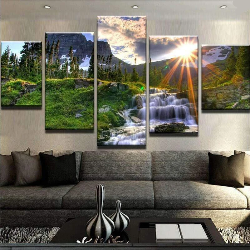 Home Decor Modular Picture 5 Panel SUNSET WATERFALL CANVAS SET Wall Art Print Poster dorp shipping | Дом и сад
