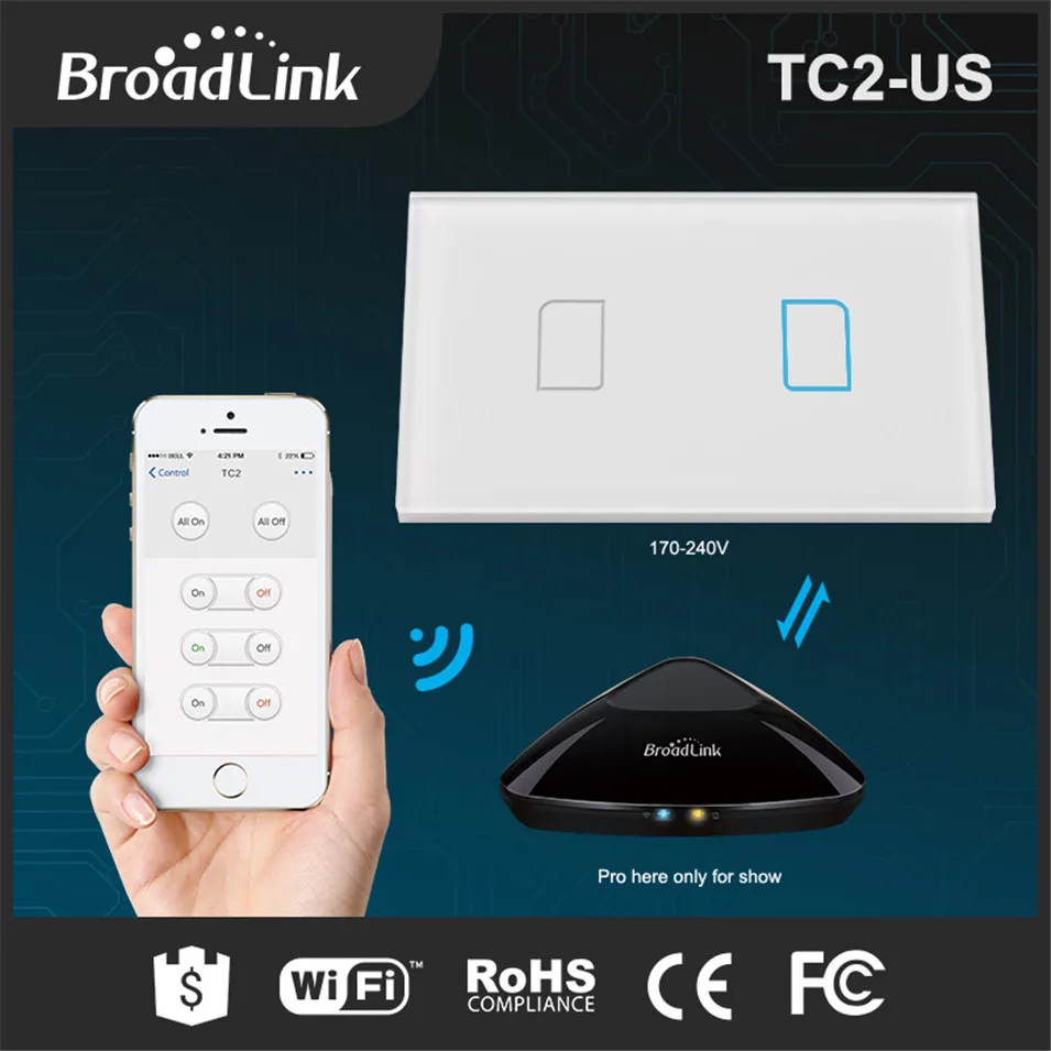 Broadlink TC2 USAU Smart Home RF433 Touch Light Switches 2 Gang 1 Way Remote Control by Rm pro Wall Touch Switch Panel 170-240V