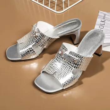 

GPOKHDS 2019 women slippers cow leather silver color crystal open toe summer square heel high heels sandals