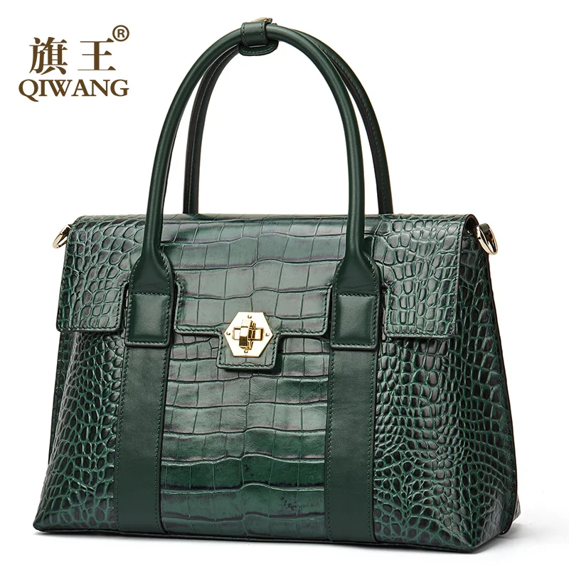 Qiwang الفاخرة العلامة التجارية حقيبة يد المرأة كبيرة الأخضر قفل حمل حقيبة الإناث عالية الجودة حقيقية حقيبة الجراب الجلدية حقيبة قمة الموضة-مق...