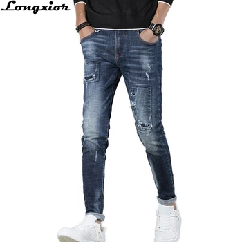 

2017 Spring Autumn Fashion Jeans Men Slim Fit Denim Trousers Quality Casual Pencil Pants Elasticity Hollow Out Jeans Pants LP30