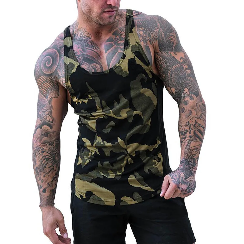 

Summer Sleeveless Sport Men Casual Top Men Running Vest Print Camouflage Stripe Splice Large Open-Forked Male Vest 2019