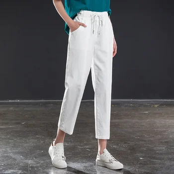 

white women elastic high waist ankle length pants for spring summer