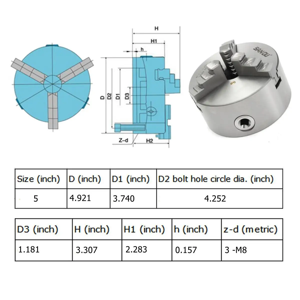 SANOU K11-125 3 кулачковый токарный патрон 125 мм Самоцентрирующийся закаленный Реверсивный инструмент для сверлильного фрезерного станка