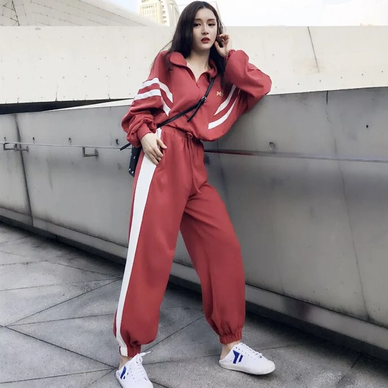 

Korea fashion Women's Clothing autumn harajuku loose bf zipper Turn-down long-sleeve side stripe harem pants casual Women's Sets