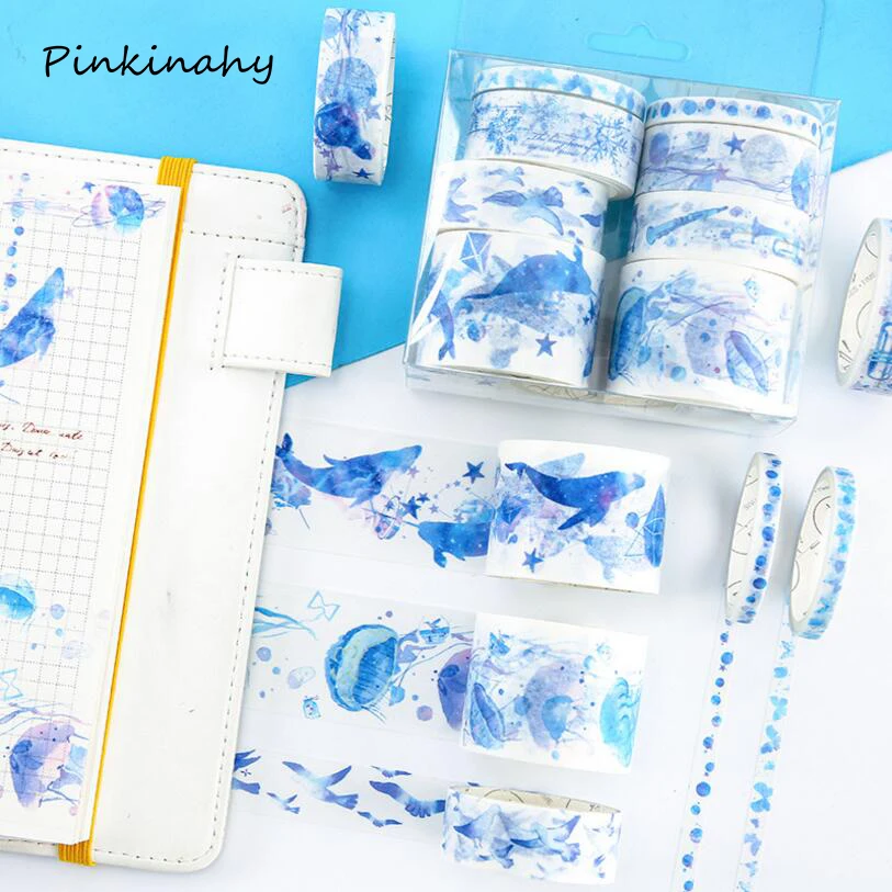 

8x Ocean Lonely Whale Wisteria Floral Cute Paper Masking Washi Tape Set Japanese Stationery Kawaii Scrapbooking Supplies Sticker