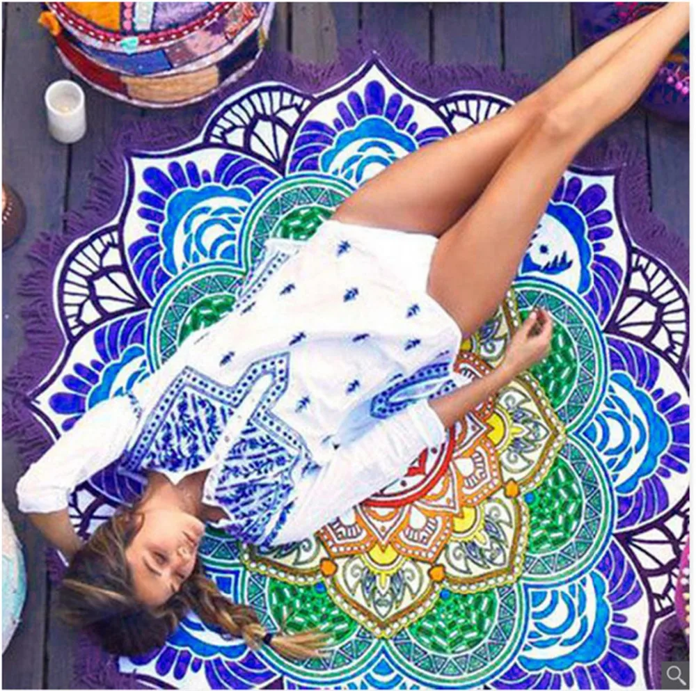 

150Cm Indian Mandala Beach Towel Large Lotus Printing Towel Beach Round Pool Home Shower Towel Sunbath Blanket Covers Up