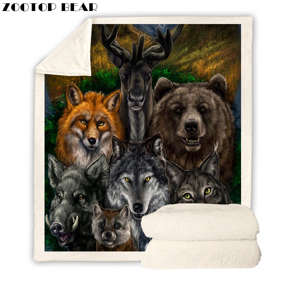 Одеяло ZOOTOP BEAR с мульти животным принтом шерпа 3D лиса медведь волк олень бархатное