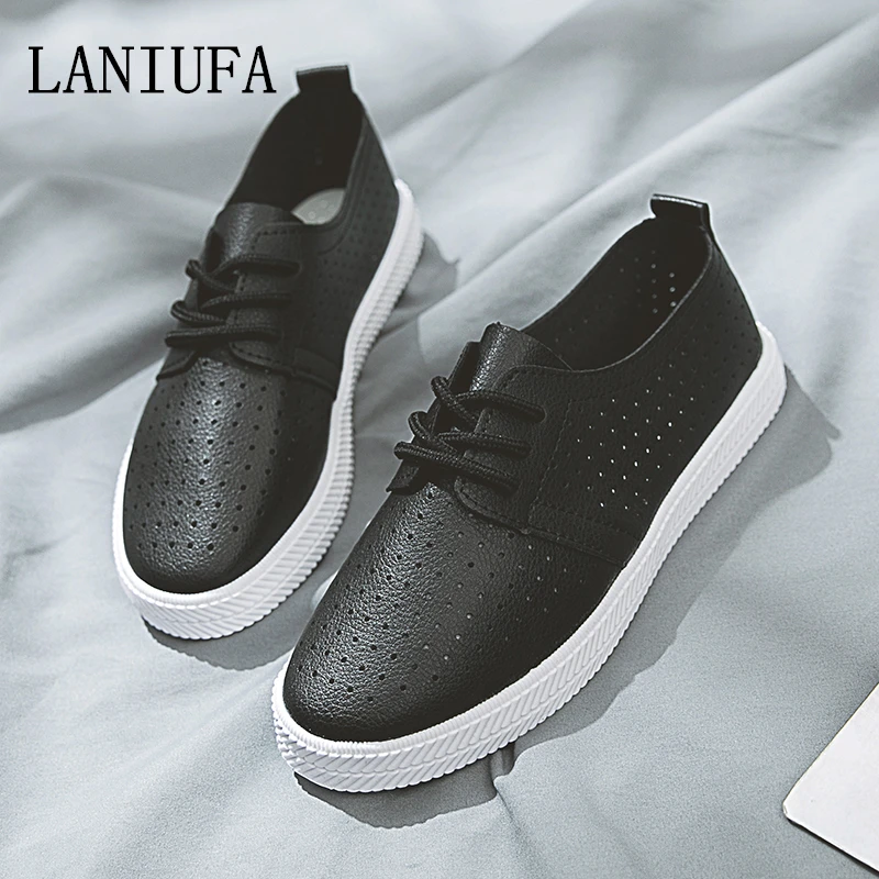 

Autumn Flats women shoes women Round Toe Casual Oxfords Comfort Lace-Up Breathable pu Leather boat Ballet Flats Shoes mujer #184