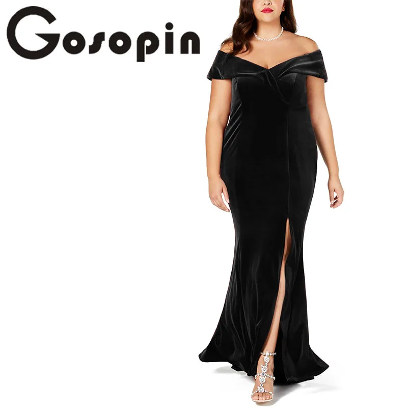 

Gosopin Split Maxi Night Party Dresses Elegant Plus Size Off Shoulder Velvet Gown Long Sexy V Neck Short Sleeve Dress LC610575