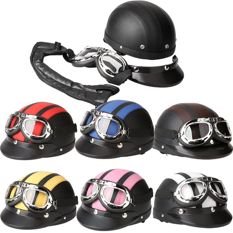 ПУ кожа мотоциклетные шлемы велосипедные шлемы для велосипеда с открытой половиной лица с козырьком очки для мужчин и женщин профессиональный Мото шлем