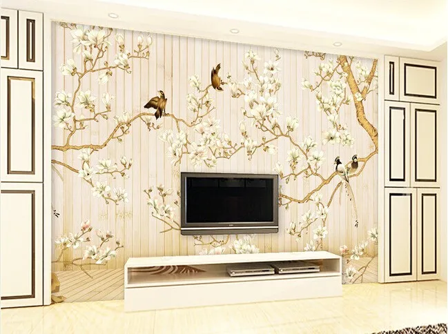 カスタム写真壁紙 花や鳥の絵を描いた木材のため リビングルームの寝室のテレビの背景の壁ビニール壁紙 Wood Wall Painting Wood Padaukpainting Wood Crafts Aliexpress