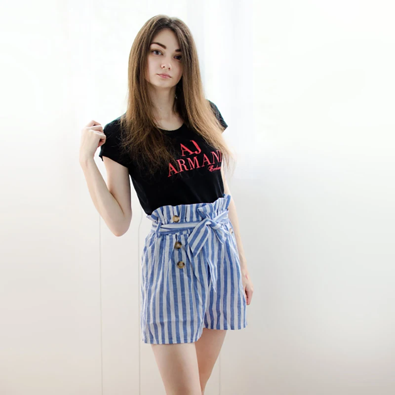 Blue High Waist Striped Sashes Shorts Women Summer Sexy Button Mini Shorts Harajuku Ladies Summer Shorts Female