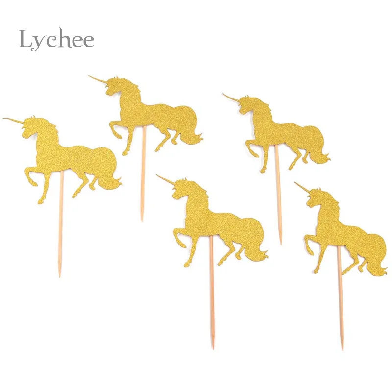 

Lychee Life 5 Pieces/Set Gold Unicorn Pegasus Cupcake Topper for Wedding Birthday Party Cake Decoration Supplies