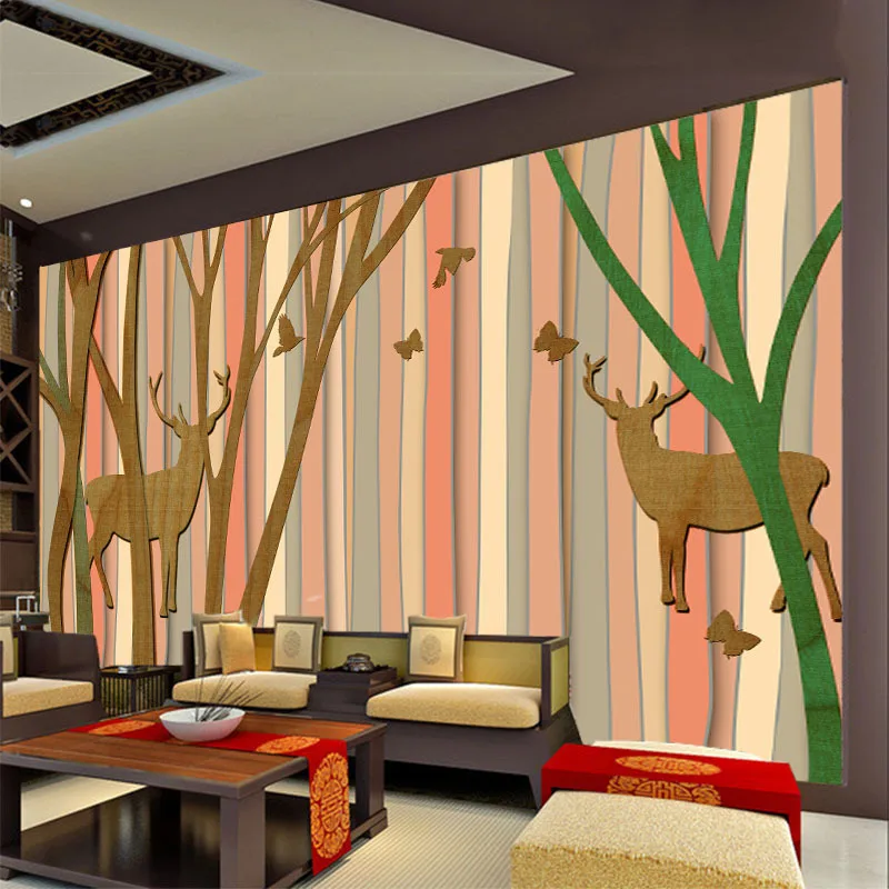 ShineHome Cartoon Milu Deer in Forest Tree Wood Strip Wallpapers Mural