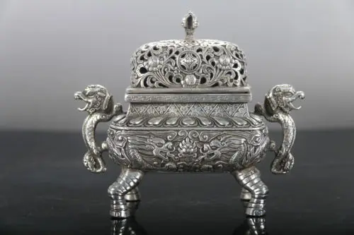

collection decorative handmade China Tibet Silver Hand carved dragon incense
