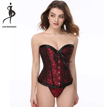 

Bowknot Women's Body Shapewear Overbust Corselet Sexy Bustier Floral Lace Pleated Trim Corset Top With G String 898#
