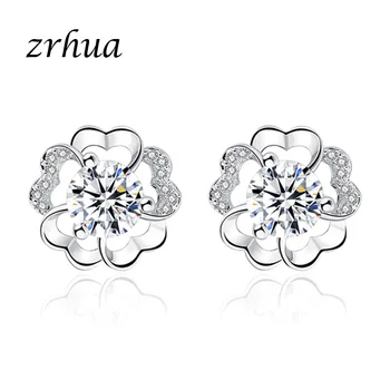 

ZRHUA Luxury Female Crystal Zircon Stone Earrings Fashion 925 Sterling Silver Jewelry Vintage Flower Stud Earrings Bijoux Female