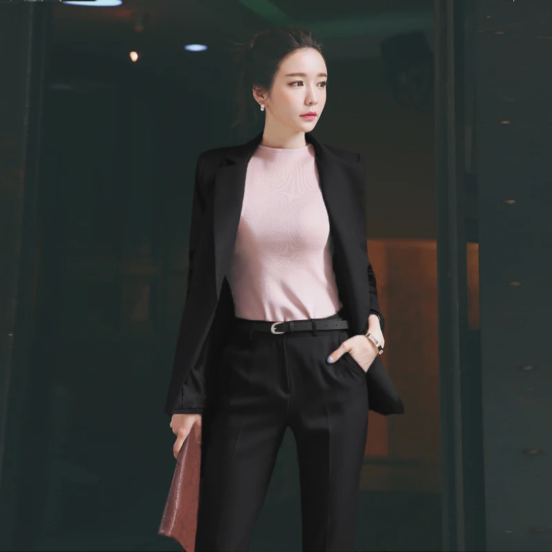 Женский комплект из 2 предметов, женский пиджак, черный блейзер, брюки, элегантный костюм, винтажный деловой костюм для работы, горячая Распродажа S89604F