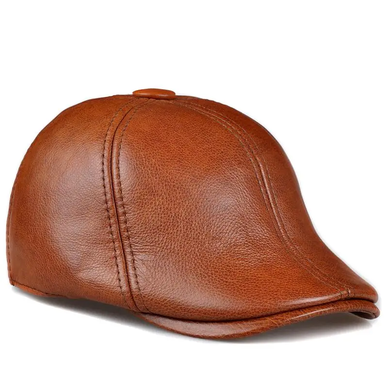 

New men's leather leather cap in autumn and winter male Leather Hat Beret peaked cap warm cap