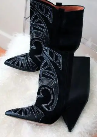 

Hot Fashion Red Suede Ankle Boots Embroidered Lady Spike Heels Shoe Cowboy Short Boots Women Slip-on Pointed Toe Ankle Booties