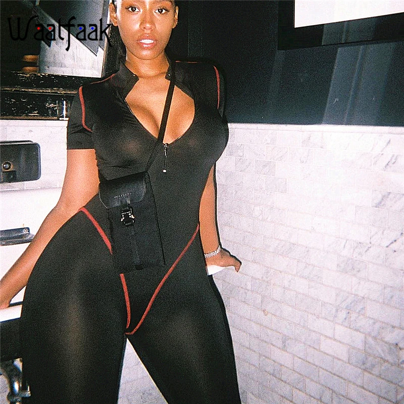 

Waatfaak Zipper Up Striped Knitted Rompers Womens Jumpsuit Summer Skinny Bodycon Black Jumpsuit Sexy Short Sleeve Casual Ladies