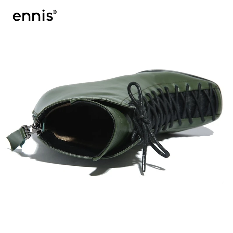 ENNIS/Брендовые женские зимние ботинки из натуральной кожи; обувь «Челси» на шнуровке с квадратным носком; ботильоны зеленого цвета на толстом высоком каблуке; A7240
