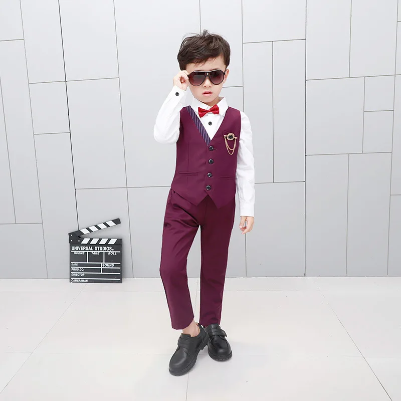 C0red 2PCS Новинка года, жилет и штаны Детский Свадебный костюм из 2 предметов Брендовые вечерние смокинги с цветочным принтом для мальчиков, Школьный костюм детский весенний комплект одежды для От 2 до 12 лет - Цвет: C0red 2PCS