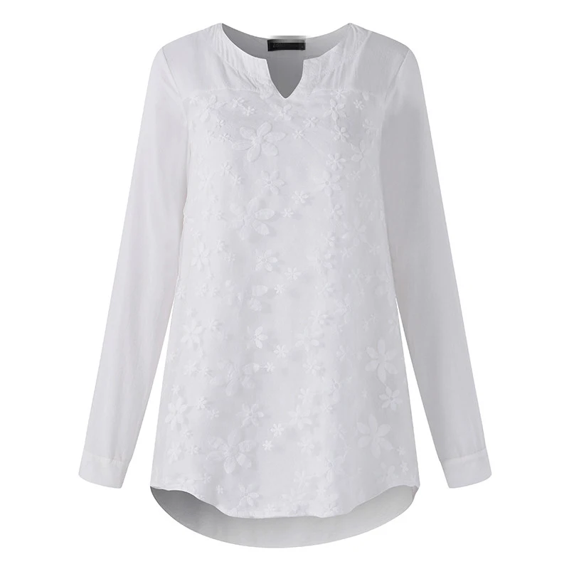 2018 S-5XL Women V-Neck Organza Long Shirts Oversized Tops Floral Embroidered Shirt Blouse White Lace Sweet Long Sleeve Blouse