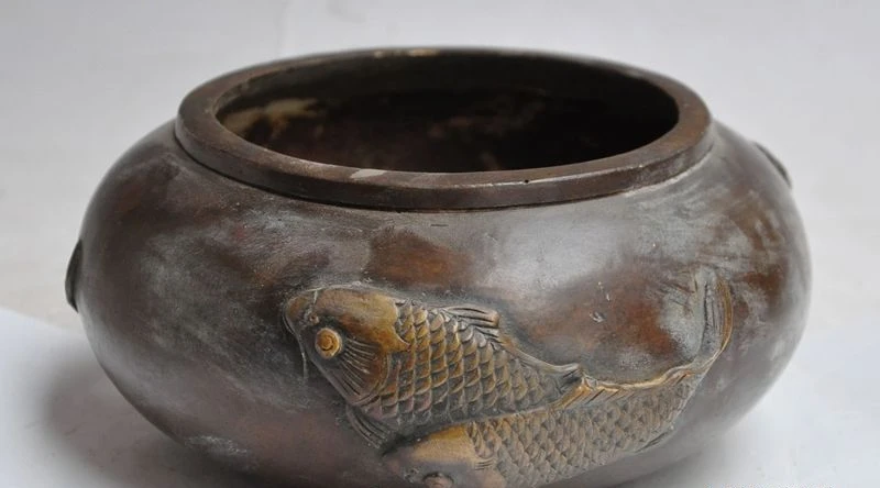 

7" chinese fengshui bronze animal Fish lucky statue Crock Jar Pot incense burner
