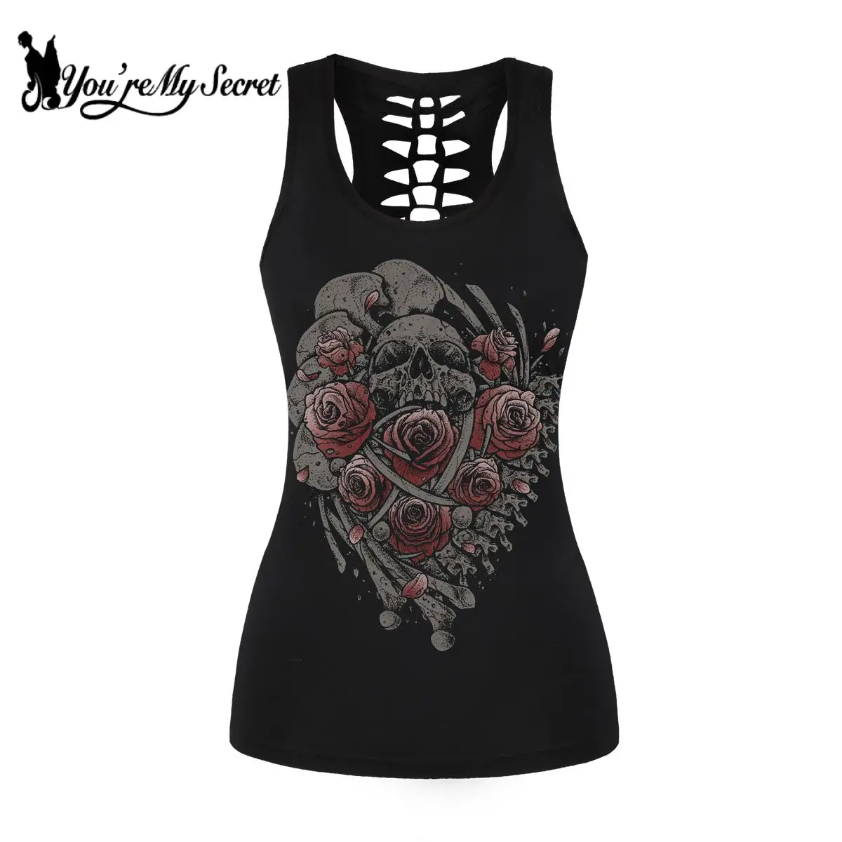 

[You're My Secret] Tank Top For Women Summer Gothic Skull Rose Print Vest Hollow Out Black Fitness Tank Top Female Clothing