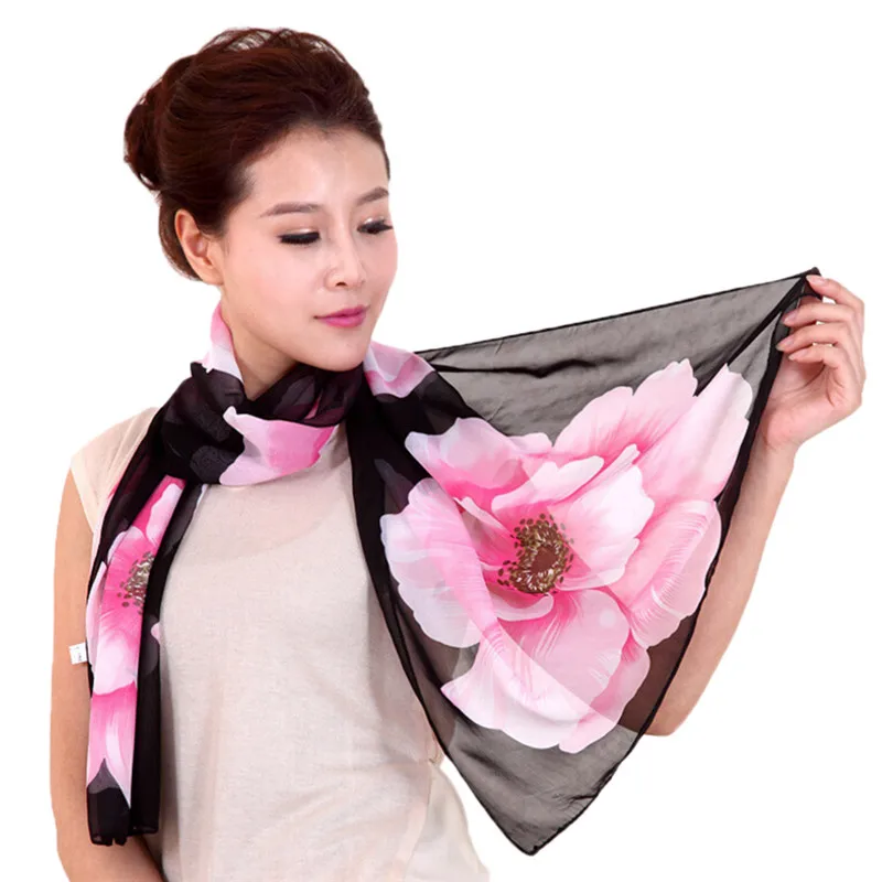Women Thin Flower Printed Silk Scarf Shawl Soft Chiffon Large Long