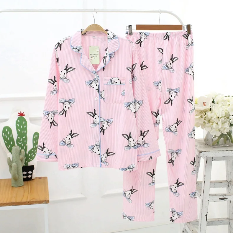 Животные кролик печатные ночные рубашки женские осенние пижамы костюм дышащий хлопок женские пижамы с отложным воротником Домашняя одежда длинные брюки - Цвет: Rabbit Pyjamas