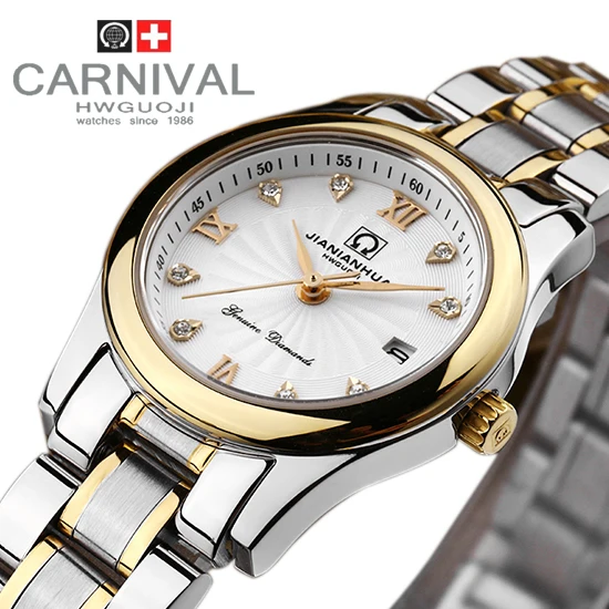Carnaval strass jurk goud mode toevallige liefhebbers volledige staal horloge dames diamant militaire duiken sprots horloges luxe merk