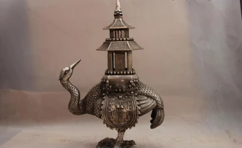 

song voge gem S1122 China White Copper Silver Buddhism Red-crowned crane Bird Incense Burner Censer