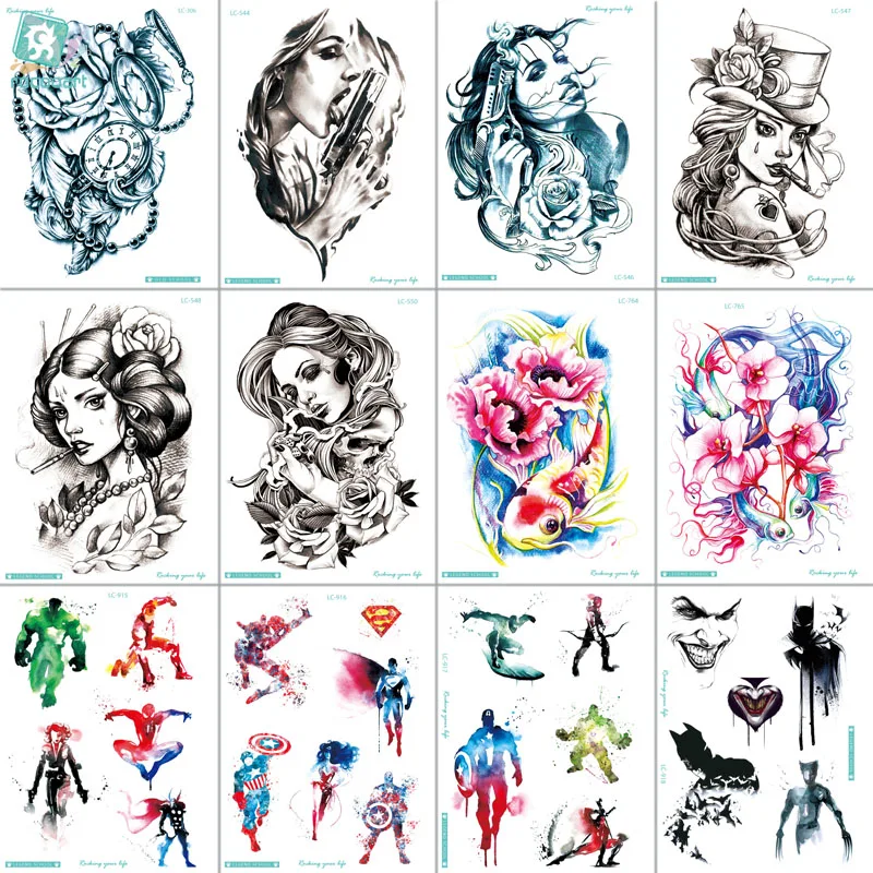 

AS239 Fashion New Body Art HD Halloween Watch Tatoo Sticker Gun Women X-Men Art Work Colorful Temporary Tattoo Stickers Taty