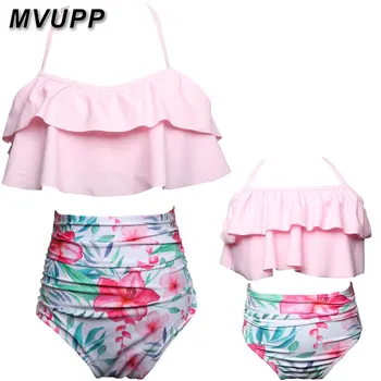 

mommy and me swimwear mother daughter dresses family clothes pink swimsuit high waist baby girl matching outfits look beachwear