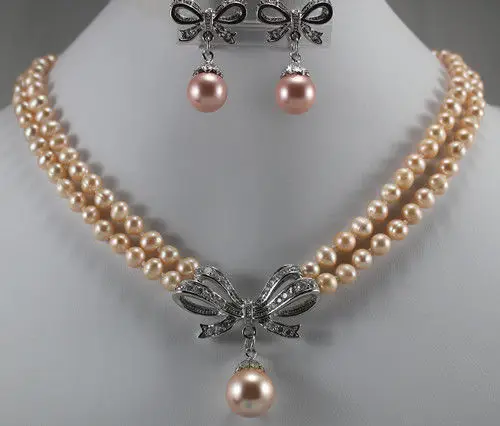 

free shipping>>> noble 2 row 7-8mm pink shell pearl necklace with designed pendant and earrings set for lady