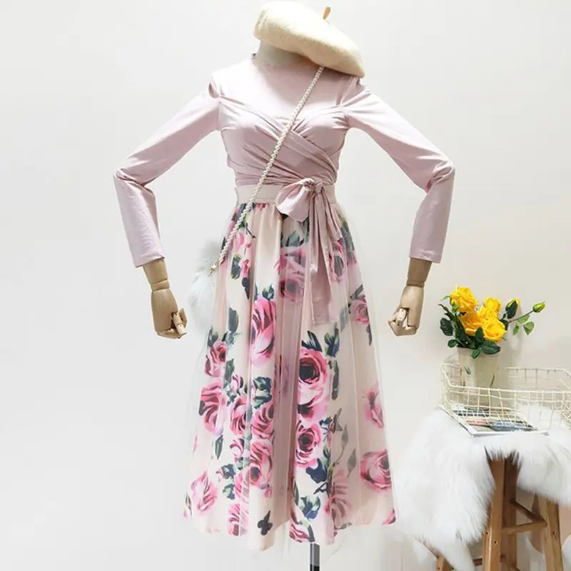 

Women's Mesh Floral Midi Skirt Irregular T-Shirt Suits Bowknot O-neck Solid Women Skirts Set 2019 Summer Vintage Female 2 Pieces