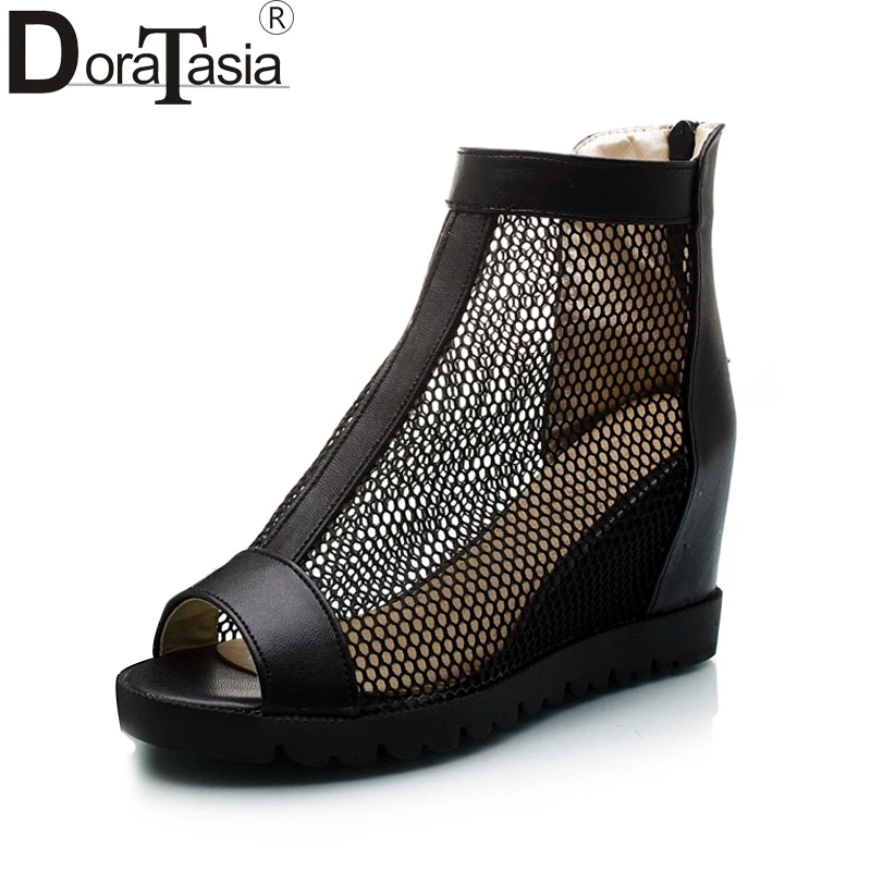

DoraTasia 2018 Big Size 34-43 Peep Toe Hollow Height Increasing Summer Boots Women Shoes Fashion Zip Up Causal Shoes Woman