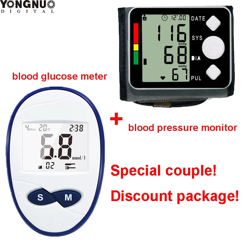 

Automatic Digital Blood Pressure Monitor Wrist Tonometer + Blood Glucose Meter With 50pcs Strips And Needles Lancets Blood Sugar
