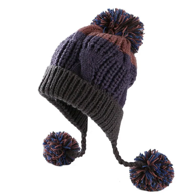 BomHCS Winter Handmade Knitted Stitching Color Beanie Hat Women