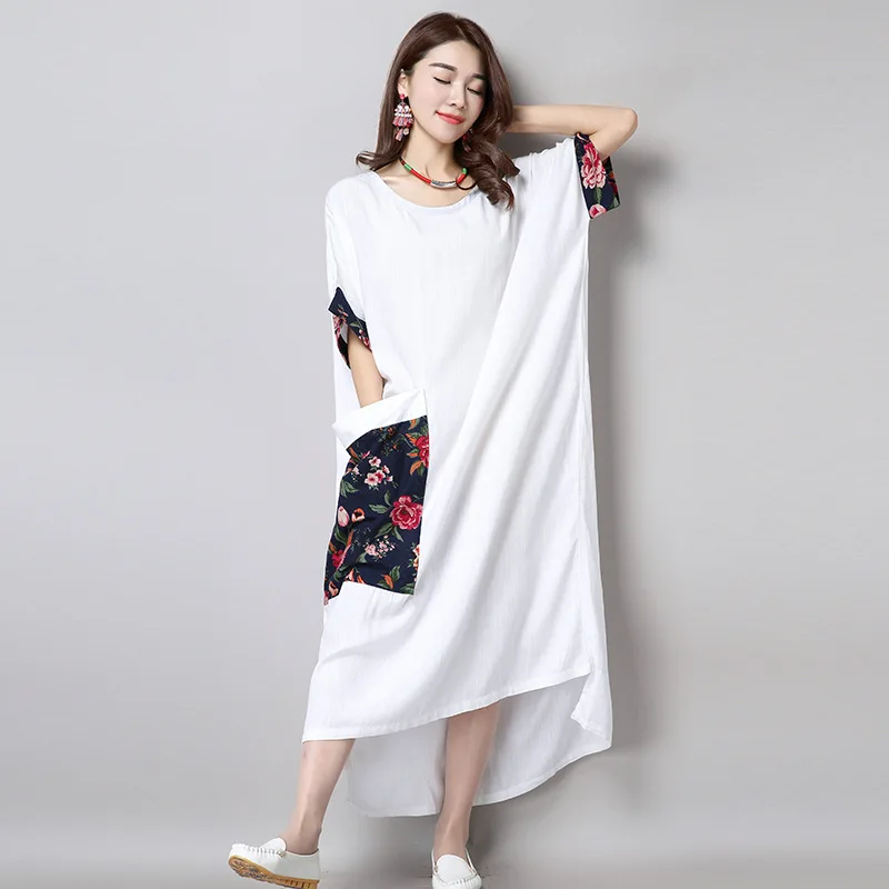 

Johnature Batwing Sleeve Summer Dress Casual Loose Print Pockets O-neck Mid-calf Length 2019 New Clothes Korea Style Women Dress